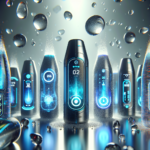 Futuristic smart water bottles in zero gravity, featuring digital displays and vibrant water splashes, set against a space-like background.